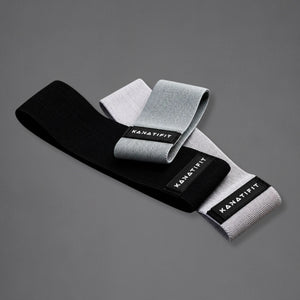 Three 'KANATIFIT' fitness resistance bands, one black, one grey and one light gray, arranged on a dark gray background.