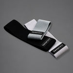 Three 'KANATIFIT' fitness resistance bands, one black, one grey and one light gray, arranged on a dark gray background.